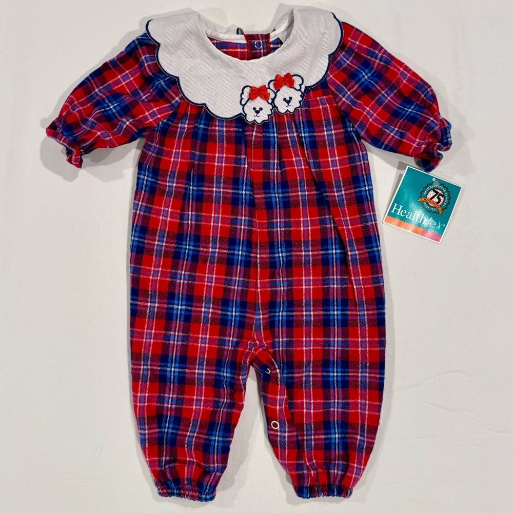 New Vintage Healthtex Plaid Flannel Romper Girls 6-9M Bears Ruffles Old Stock